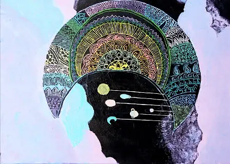 A head in silhouette crowned with a patterned arc, planets inside it
The Crossroads, Issue 11 · September 2023
