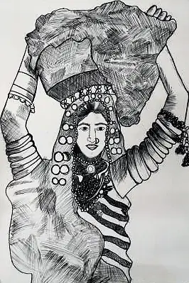 A woman in heavy jewellery carrying a rock above her head
The Crossroads, Issue 12 · Anand Utsav issue