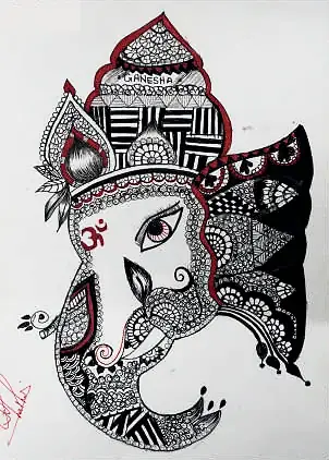 Lord Ganesha drawn in dense black patterns, with red accents
The Crossroads, Issue 12 · Anand Utsav issue