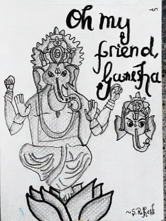 Lord Ganesha on a lotus, with the words "Oh my friend Ganesha"
The Crossroads, Issue 13 · November–December issue