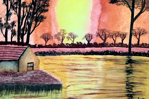 A cottage by a golden lake beneath trees and a glowing sky
The Crossroads, Issue 14 · January–February 2024