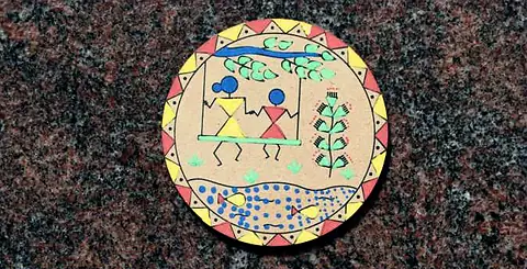 Photograph of a painted round disc with folk figures, laid on stone
The Crossroads, Issue 15 · March 2024