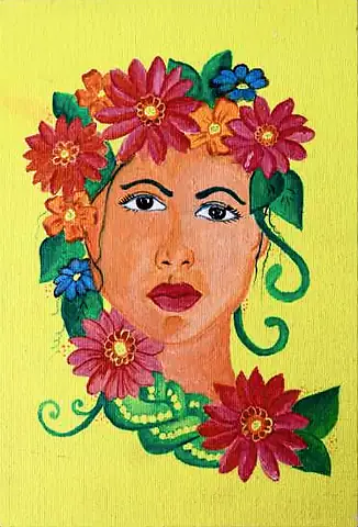 A woman's face framed by red and blue flowers, on yellow
The Crossroads, Issue 15 · March 2024