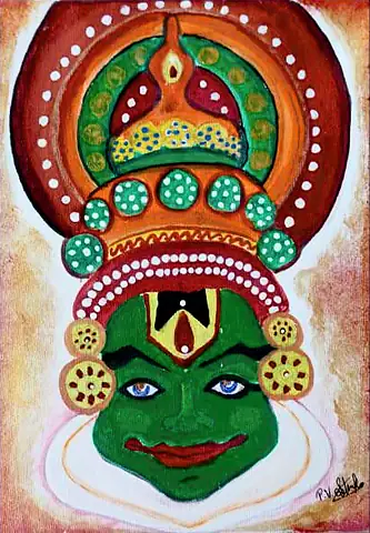A Kathakali face in green beneath a tall ornamented crown
The Crossroads, Issue 15 · March 2024
