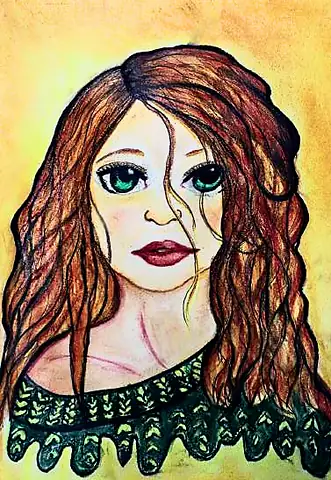 A woman with long auburn hair and green eyes, on yellow
The Crossroads, Issue 17 · July 2024
