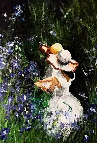 A woman in a white dress and sun hat among blue flowers in long grass
The Crossroads, Issue 17 · July 2024