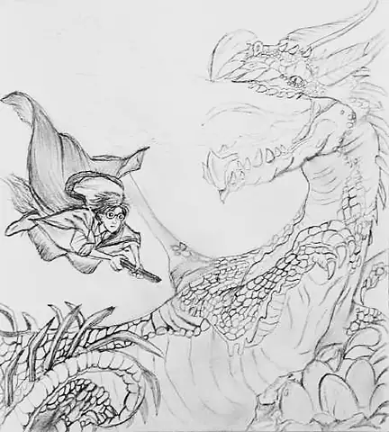A figure on a broom racing a huge dragon, in light grey line
The Crossroads, Issue 17 · July 2024