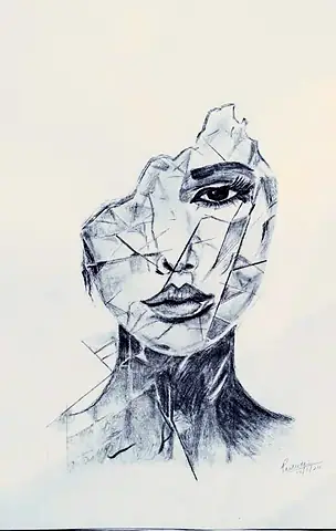 A woman's face broken into shards, in grey
The Crossroads, Issue 18 · August 2024