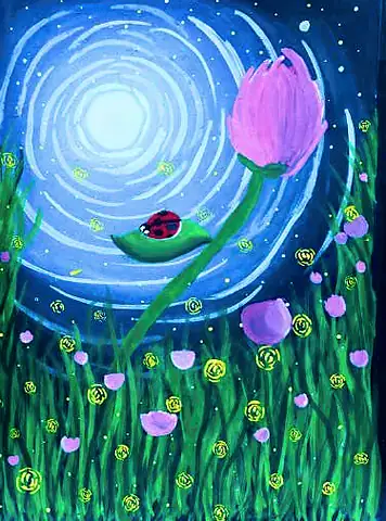 A pink lotus and a ladybird on a leaf beneath a swirling blue moon
The Crossroads, Issue 18 · August 2024