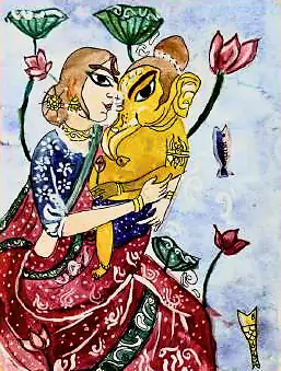 A woman in a red sari holding a golden Ganesha among lotuses
The Crossroads, Issue 19 · September–October 2024