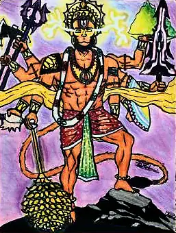 Hanuman with five heads and many arms, holding weapons
The Crossroads, Issue 19 · September–October 2024