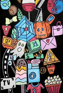 A tall stack of doodled objects: a clock, a pumpkin, a gift, popcorn and a television
The Crossroads, Issue 22 · February 2025