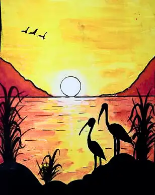 Two cranes silhouetted before a sun setting into an orange lake
The Crossroads, Issue 22 · February 2025