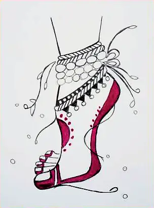 A foot in anklets and a red high-heeled sandal, in ink and red
The Crossroads, Issue 23 · April 2025