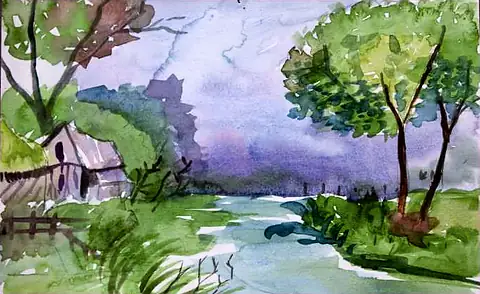 A stream through green fields and trees under a violet sky
The Crossroads, Issue 24 · May 2025