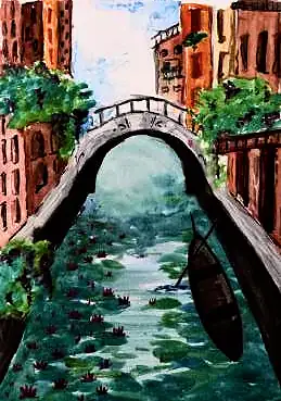 A canal with a small bridge and boat between red and green buildings
The Crossroads, Issue 25 · July 2025