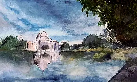 A white domed building reflected in a still blue lake, in watercolour
The Crossroads, Issue 25 · July 2025