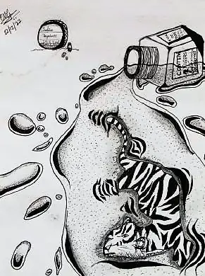 A tiger emerging from spilt ink, drawn in black dots and stripes
The Crossroads, Issue 25 · July 2025