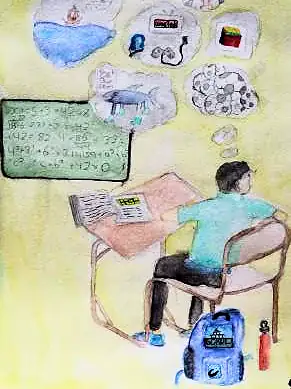 A student at a desk dreaming of the things around him in thought bubbles
The Crossroads, Issue 25 · July 2025