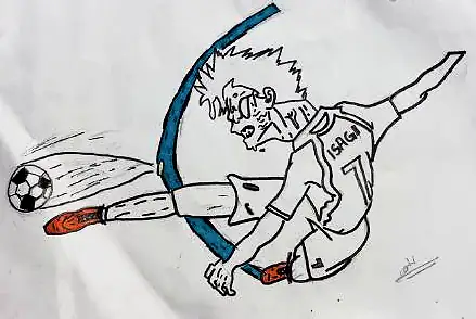 A footballer volleying a ball, in black line with blue
The Crossroads, Issue 27 · November–December 2025