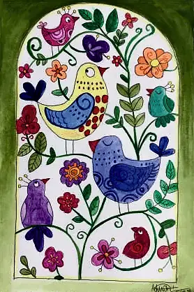 Birds and flowers in bright folk patterns inside an arch
The Crossroads, Issue 28 · Pongal issue