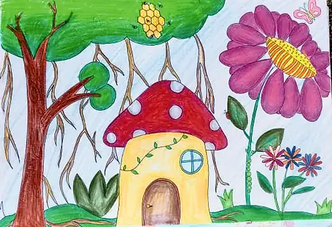 A mushroom house beneath a tree and tall pink flowers
The Crossroads, Issue 28 · Pongal issue