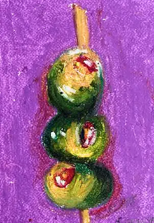 Three green fruits on a skewer on a purple ground
The Crossroads, Issue 30 · April 2026