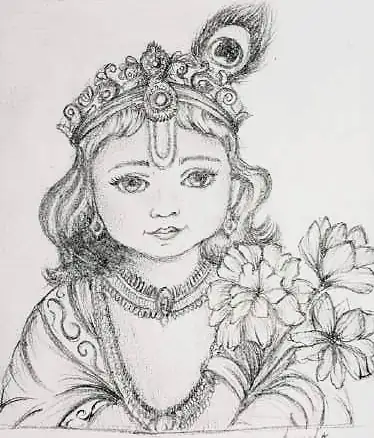 The child Krishna with a peacock feather, in pencil on pink paper
The Crossroads, Issue 30 · April 2026