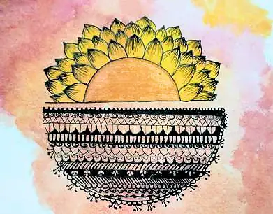 A patterned bowl with the sun rising from it in yellow petals, on a pink wash
The Crossroads, Issue 30 · April 2026