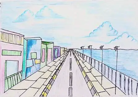 A road running to the horizon beside the sea, in coloured pencil
The Crossroads, Issue 32 · August 2026