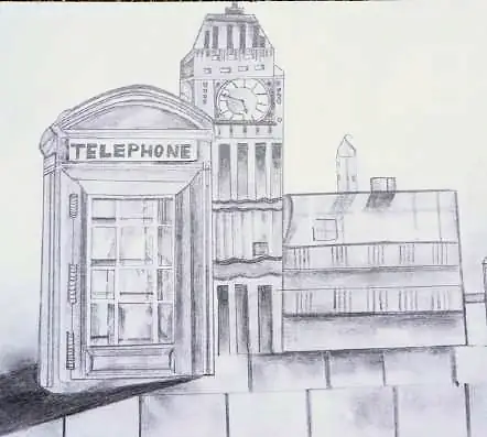 A telephone box before a clock tower and buildings, in pencil
The Crossroads, Issue 32 · August 2026
