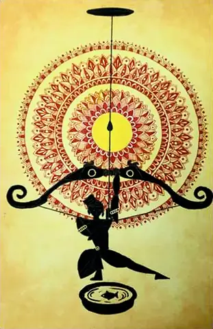 A silhouetted archer drawing a bow beneath a red and gold mandala, a fish in a dish at his feet
The Crossroads, Issue 33 · October 2026