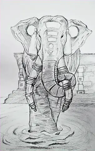 An elephant walking out of shallow water before a stone temple, in pencil
The Crossroads, Issue 33 · October 2026