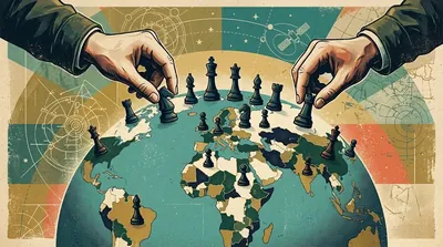 Hands moving chess pieces across a map of the world, illustrating geopolitical strategy