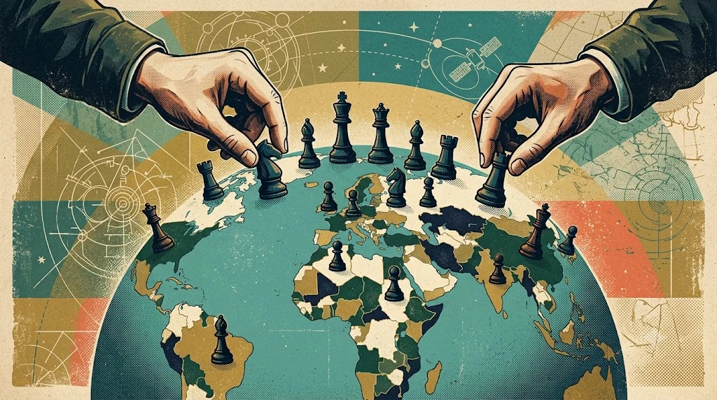 Hands moving chess pieces across a map of the world, illustrating geopolitical strategy