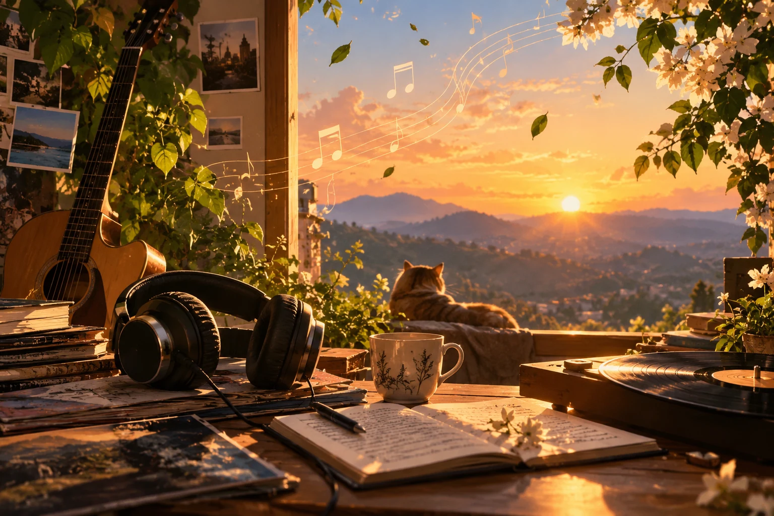 Guitar, headphones and records beside an open notebook