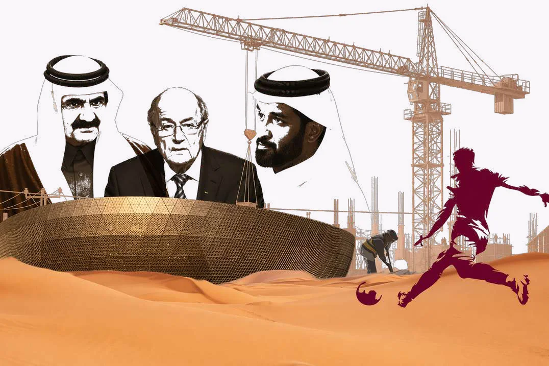 An illustration of a World Cup stadium in desert sand beneath a construction crane, with a labourer at work, a footballer’s silhouette and three men in suits and Gulf headdress behind it
