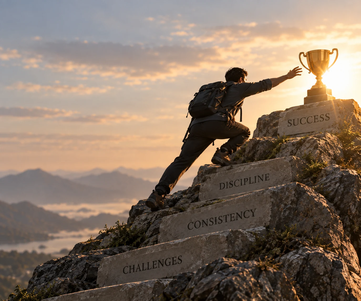 Person climbing rocky steps toward a trophy