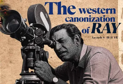 A film director looking through the viewfinder of a large movie camera, in black and white on a paper-brown ground, beside the headline The Western Canonization of Ray