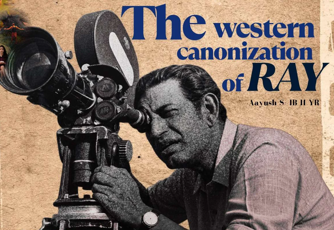 A film director looking through the viewfinder of a large movie camera, in black and white on a paper-brown ground, beside the headline The Western Canonization of Ray