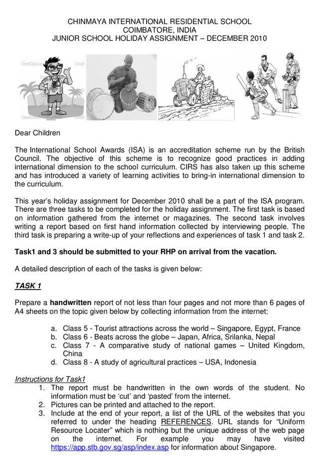 The first page of the CIRS Junior School Holiday Assignment, December 2010, explaining the International School Awards