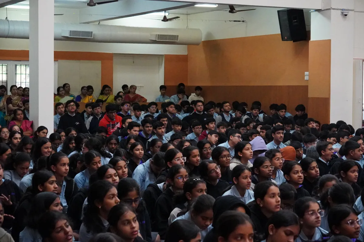 Students filling the hall for the Vasant Panchami music workshop
