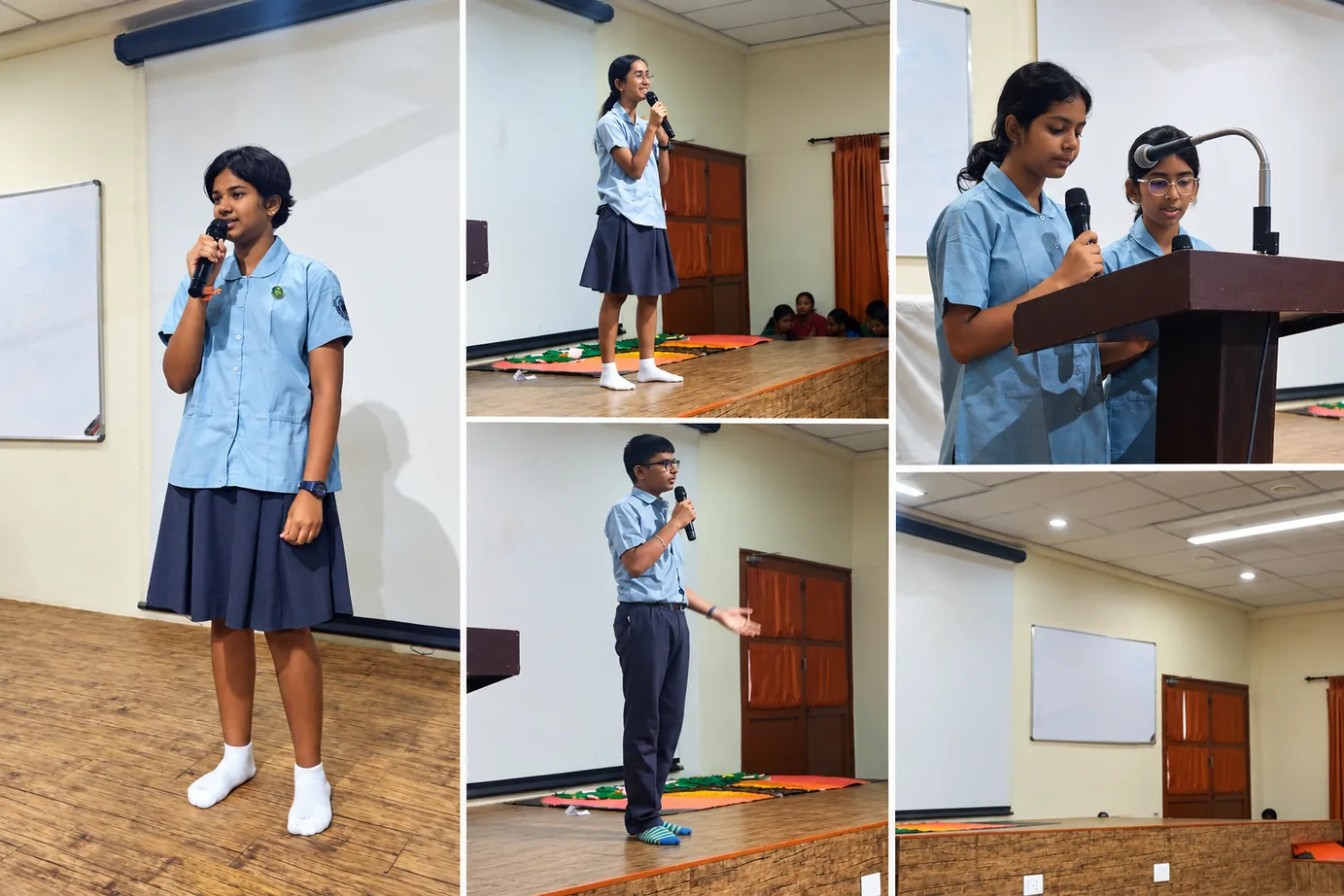 A collage of students speaking into microphones at the First Time Speakers’ Forum