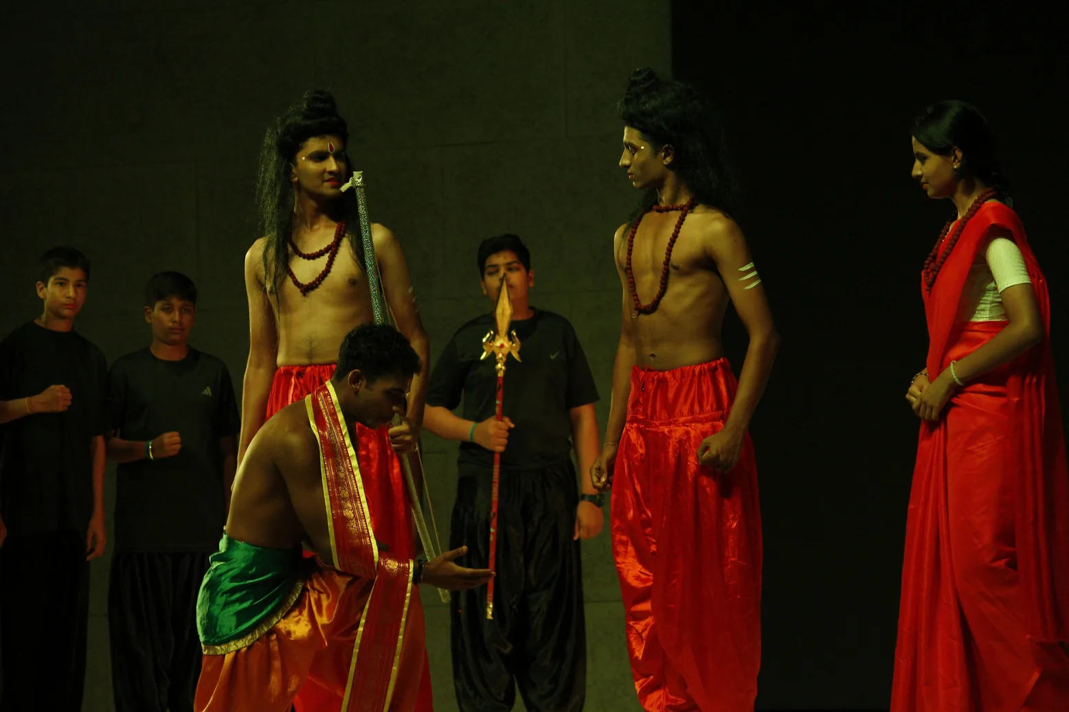 Students in costume in a scene from the Ram Navami skit