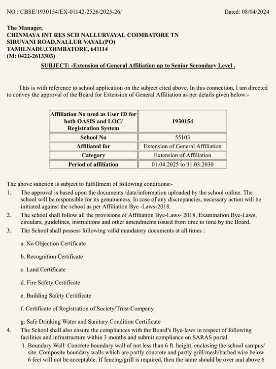 The CBSE letter dated 8 April 2024 extending the school's general affiliation, number 1930154, up to Senior Secondary level for the period 1 April 2025 to 31 March 2030