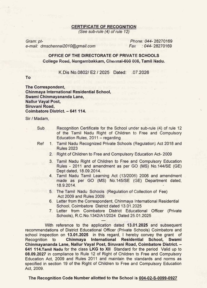 The Certificate of Recognition from the Office of the Directorate of Private Schools, Chennai, granting recognition for LKG to XII valid up to 8 September 2027
